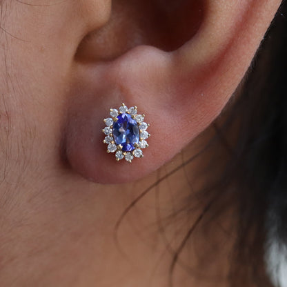 Cluster Studs Yellow Studded Tanzanite Earring 14K Gold