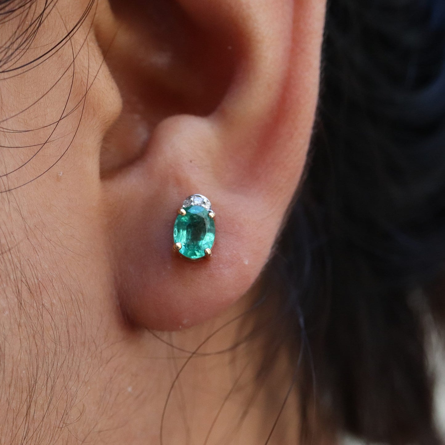Yellow Studs Oval Cut Emerald & Earring 14K Gold