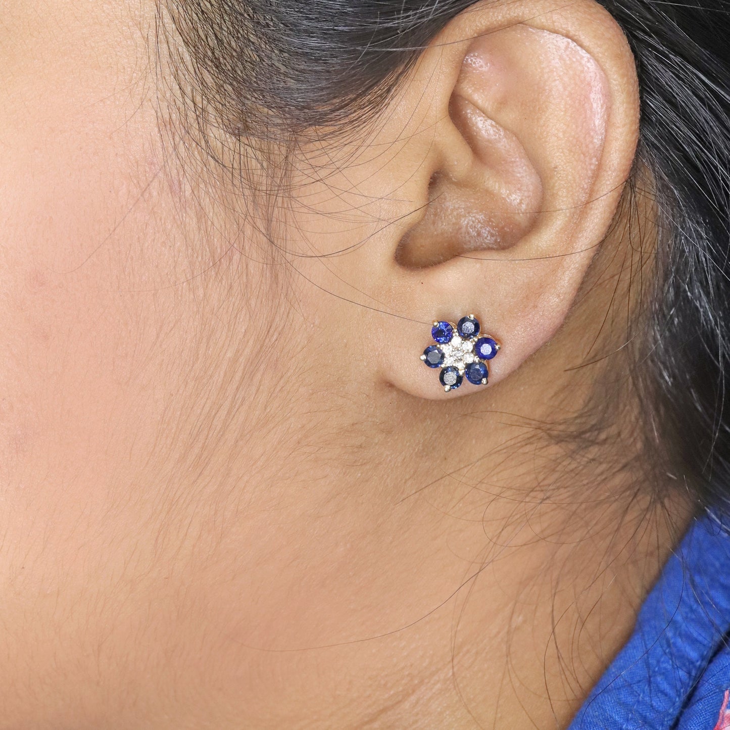 Genuine Blue Sapphire Stud Earring 14K Gold