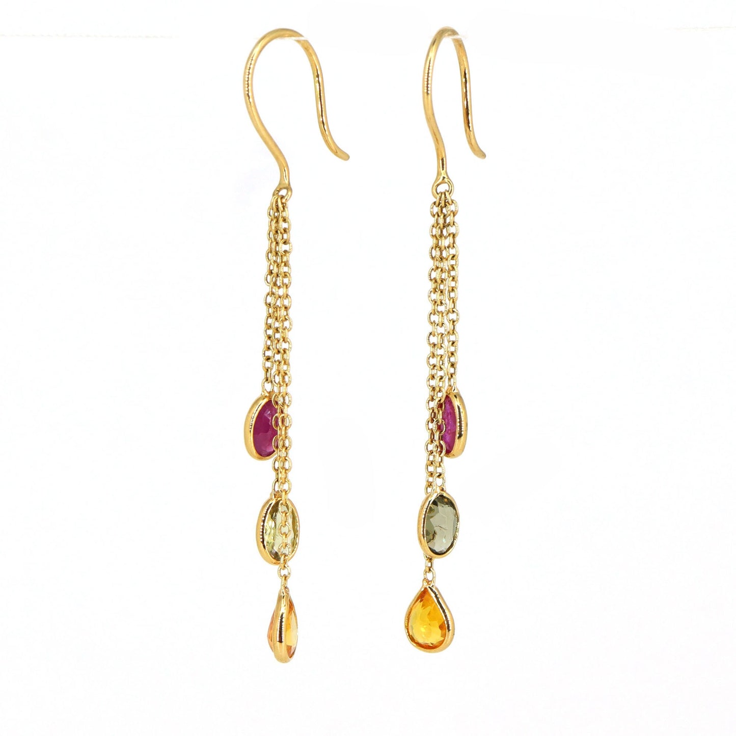 Yellow Handmade Multi Sapphire Ruby Hanging Earring 18K Gold