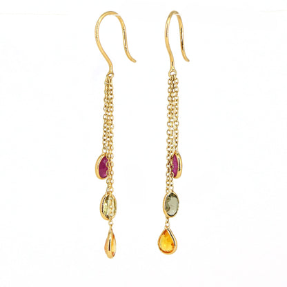 Yellow Handmade Multi Sapphire Ruby Hanging Earring 18K Gold