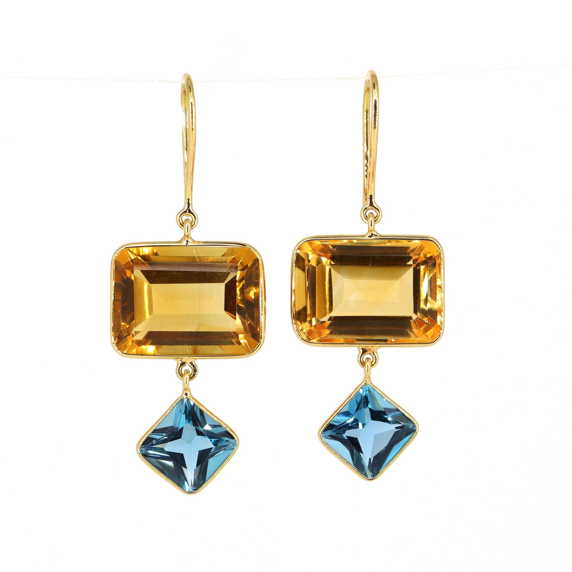 Yellow Handmade Blue Topaz Citrine Hanging Earring 18K Gold