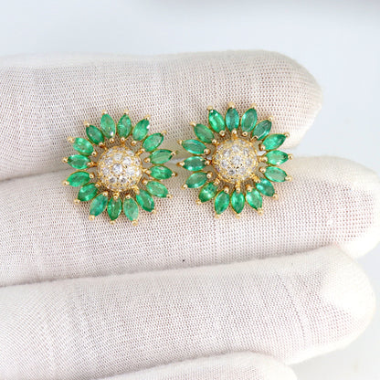 Sun Flower Design Emerald Stud Earring 14K Gold