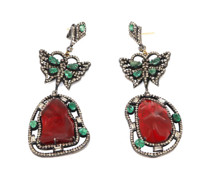 Genuine Fire Opal Emerald Pave Long Dangle Earring
