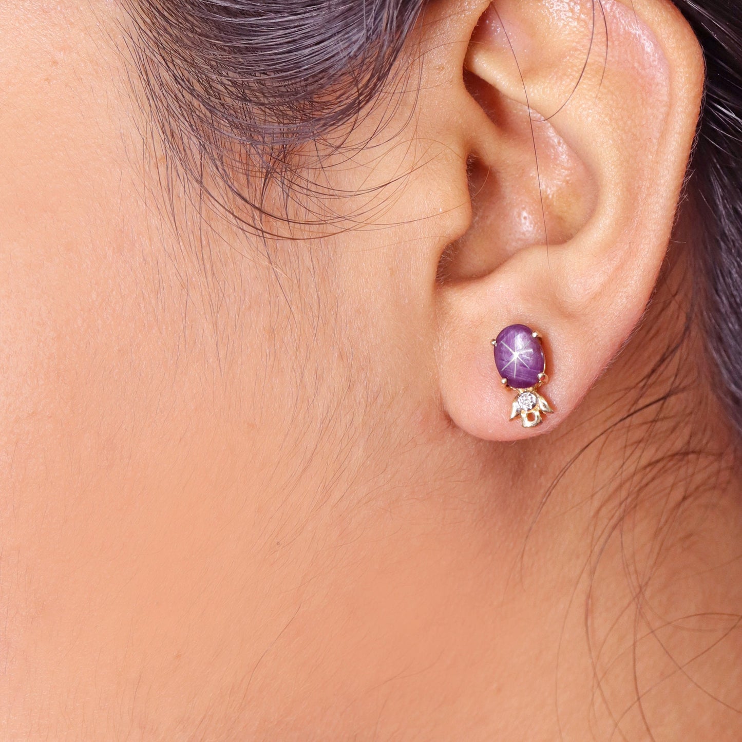 Star Ruby Studs Yellow Earring 14K Gold
