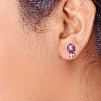 Star Ruby Studs Yellow Earring 14K Gold