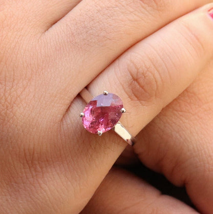 Checker Cut Nice Pink Tourmaline Ring 14K Gold