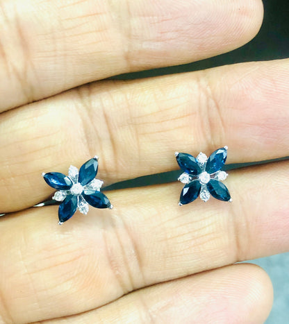 White Ear Studs Blue Sapphire Blue Sapphire Earring 14K Gold