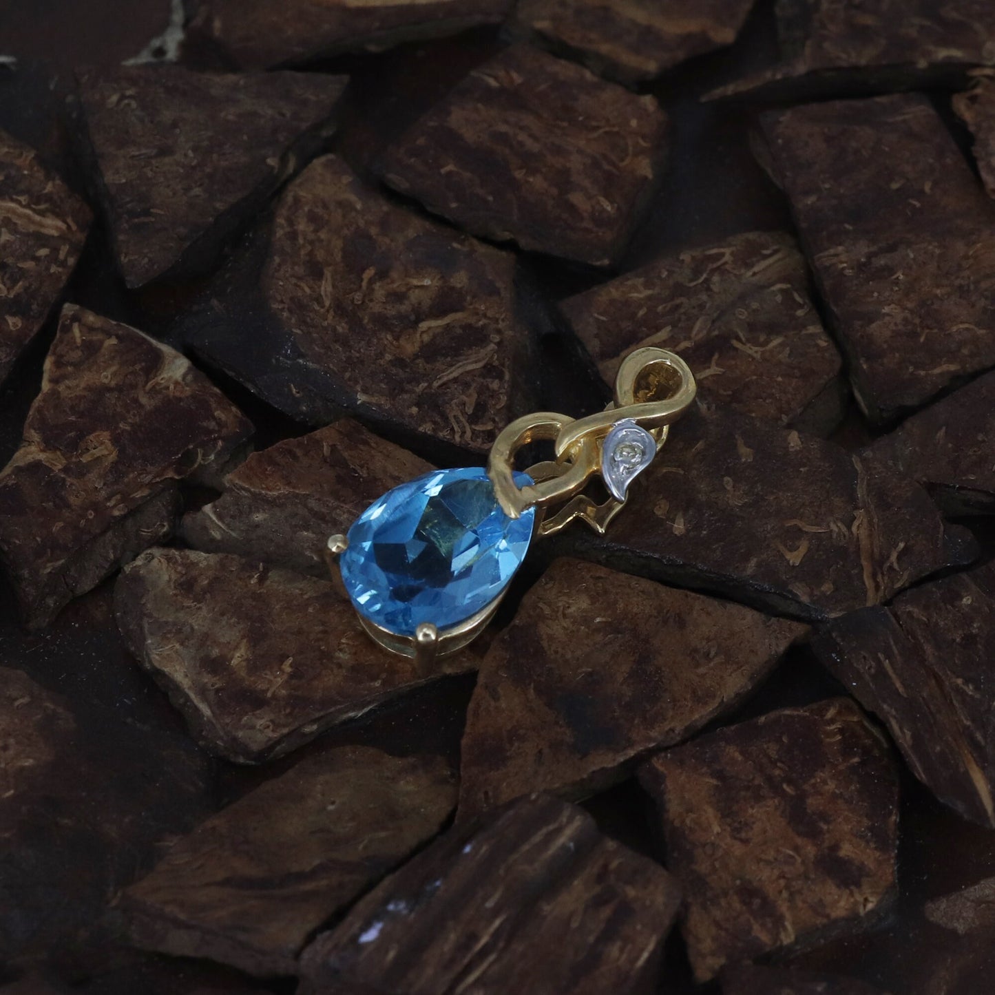 Pear Shape Designer Loop Blue Topaz Necklace 14K Gold