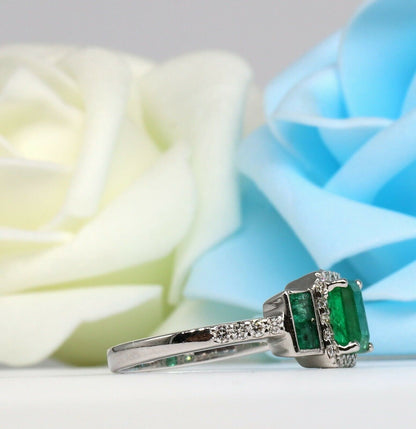 Handmade Emerald Cut Emerald & White Ring 18K Gold