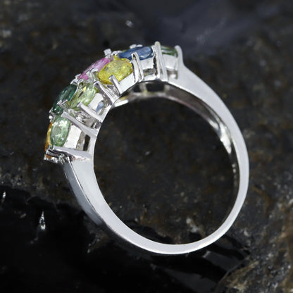 Oval Cut Multi Sapphire Gemstone 925 Sterling Elegant Ring Silver