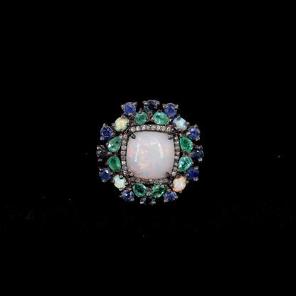 Opal Emerald Blue Sapphire Pave Handmade Statement Ring Silver
