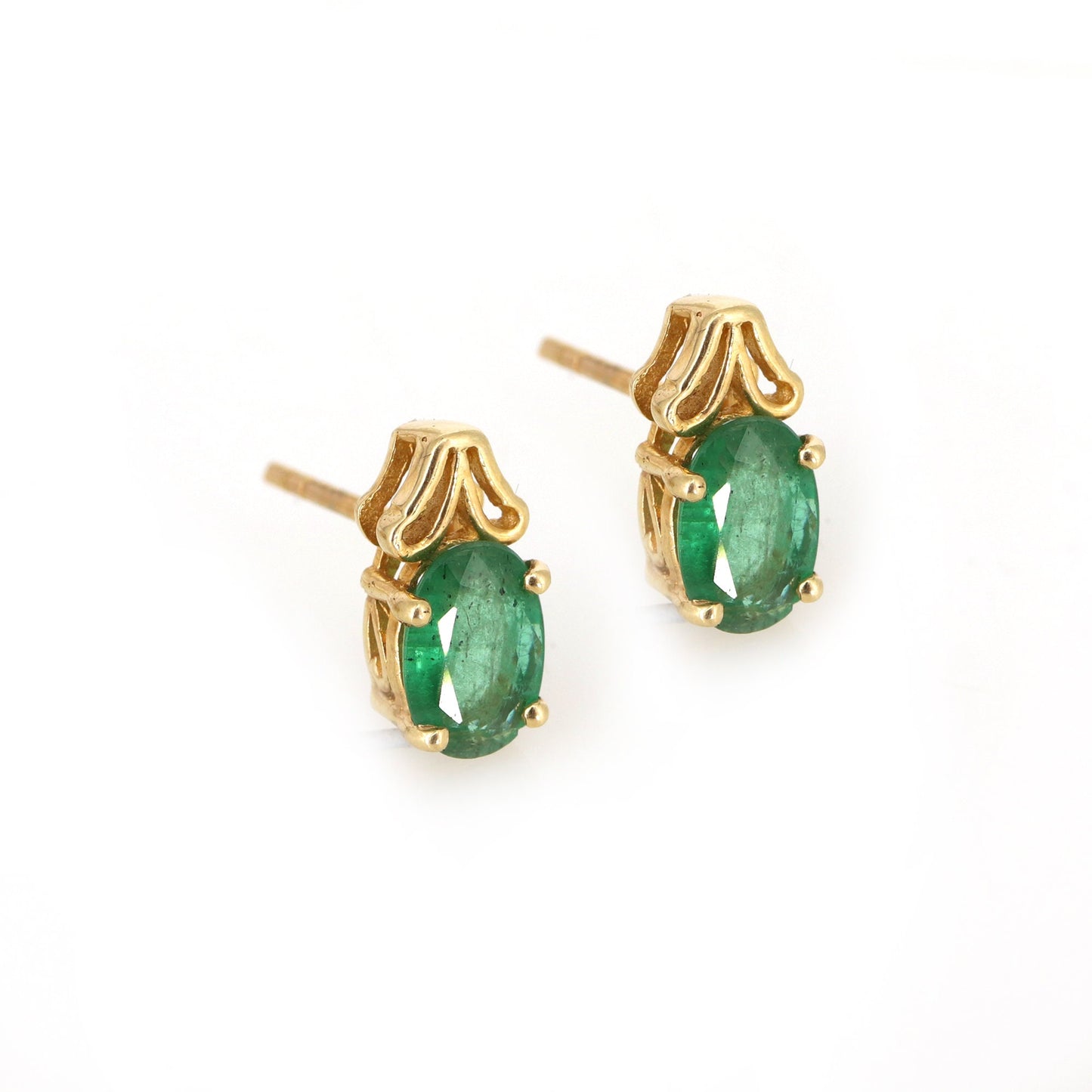 Emerald Stone Handmade Small Stud Earring 14K Gold