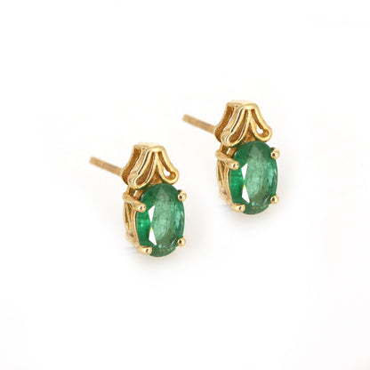 Emerald Stone Handmade Small Stud Earring 14K Gold