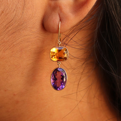 18Kyellow Handmade Citrine Amethyst Hanging Earring Gold