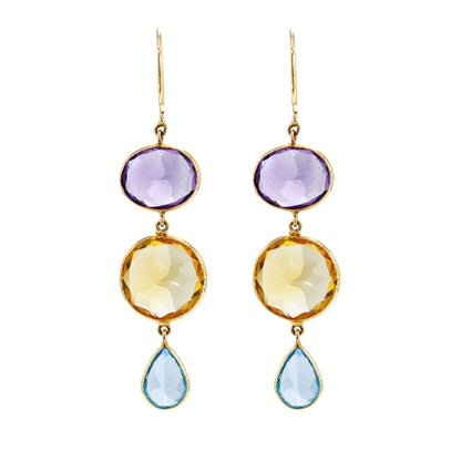 Yellow Handmade Citrine Blue Topaz Amethyst Hanging Earring 18K Gold