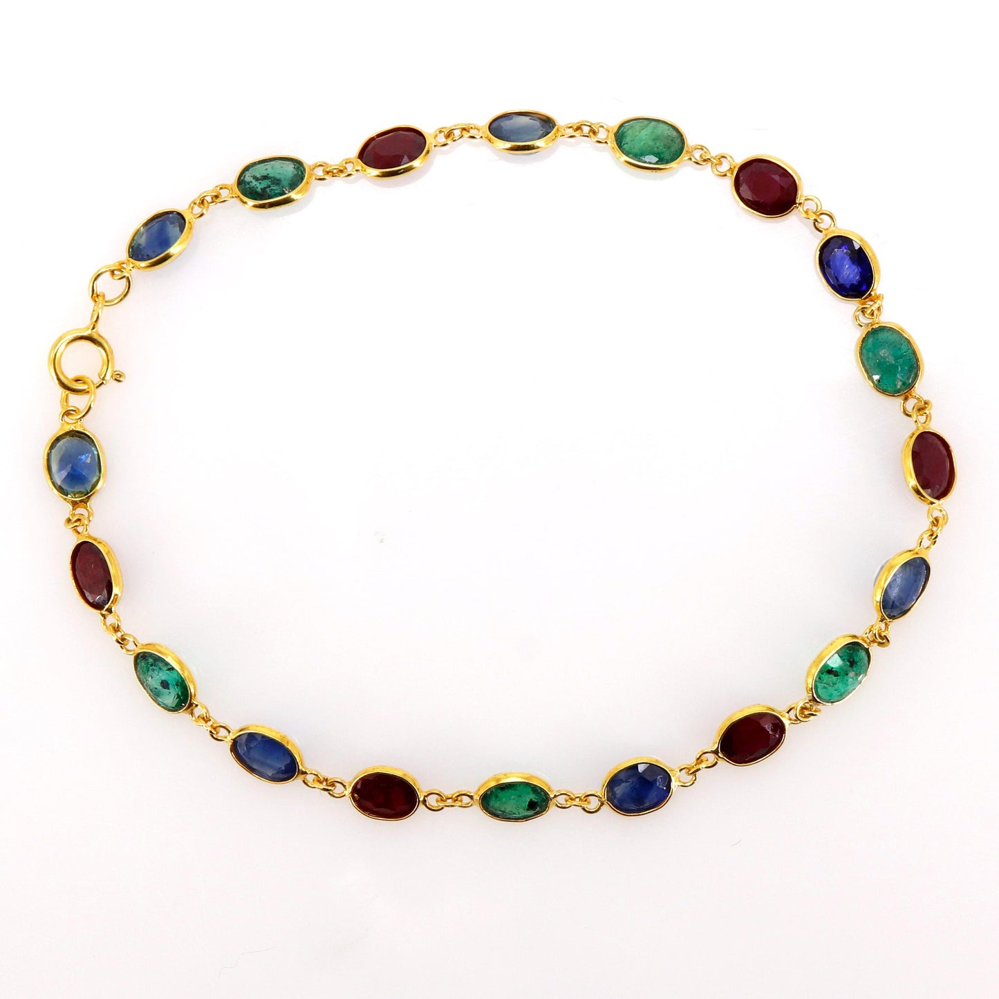Blue Sapphire Emerald Ruby Gemstone Bezel Setting Bracelet 14K Gold