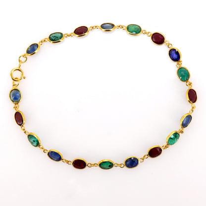 Blue Sapphire Emerald Ruby Gemstone Bezel Setting Bracelet 14K Gold