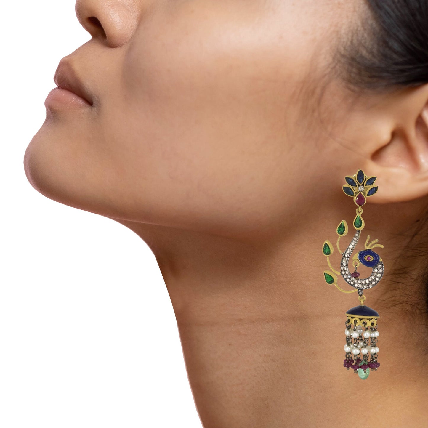 Emerald Chrome Diopside Sapphire Ruby Pearl Jewellery Kundan Enamel Style Indian Jewellery Traditional Earring
