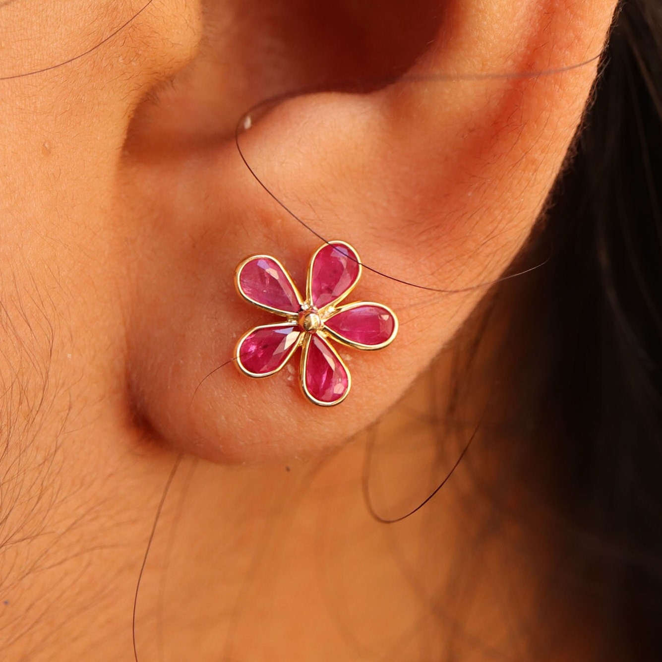 Yellow Floral Handmade Ruby Hanging Earring 18K Gold