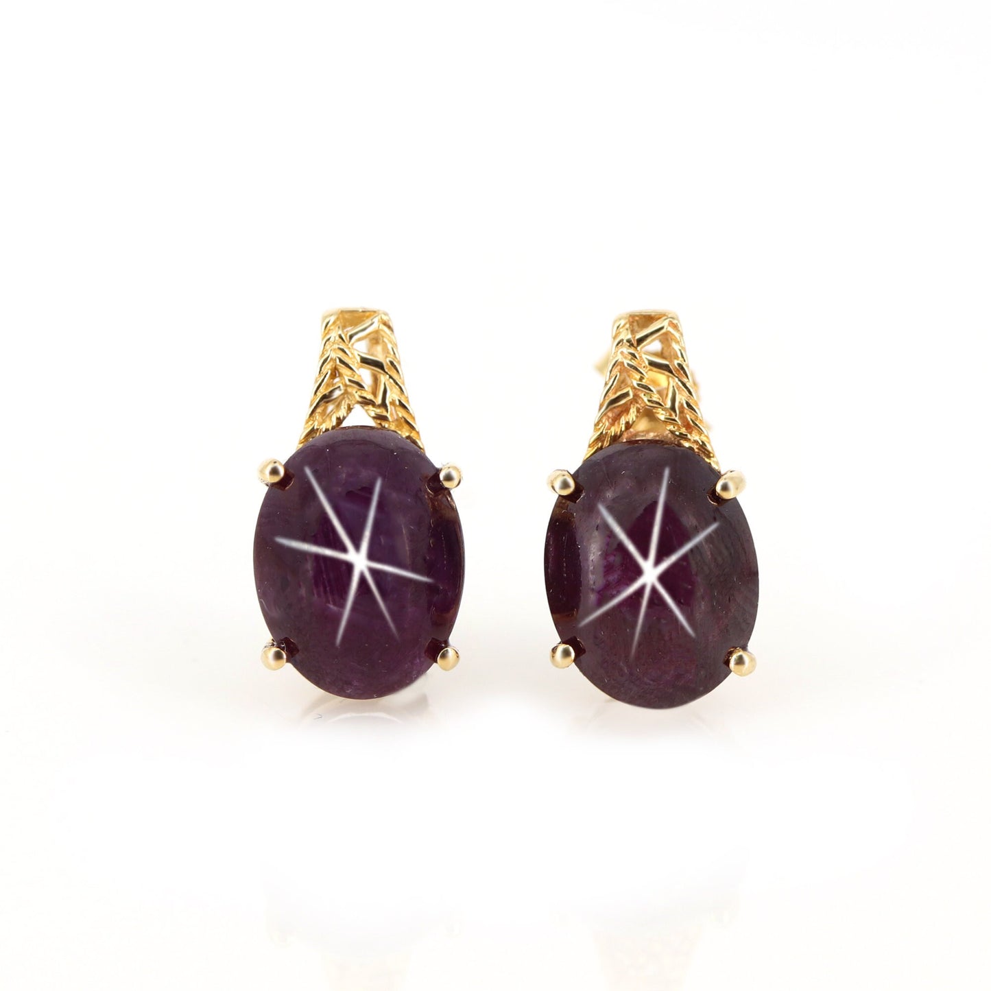 Star Ruby Studs Yellow Certified Genuine Ruby Cabochon Solitaire Earring 14K Gold