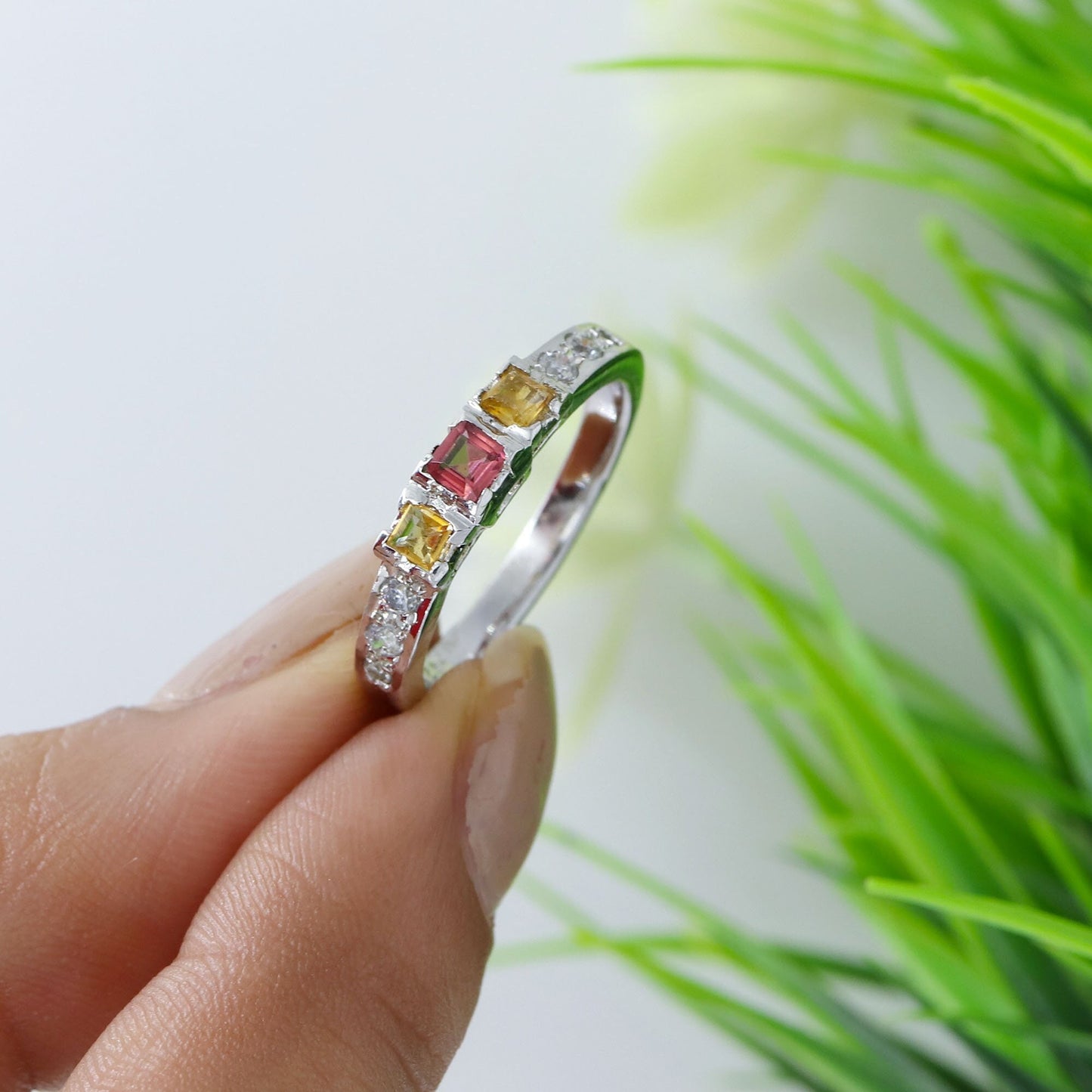 Square Cut Tourmaline American Ring Silver