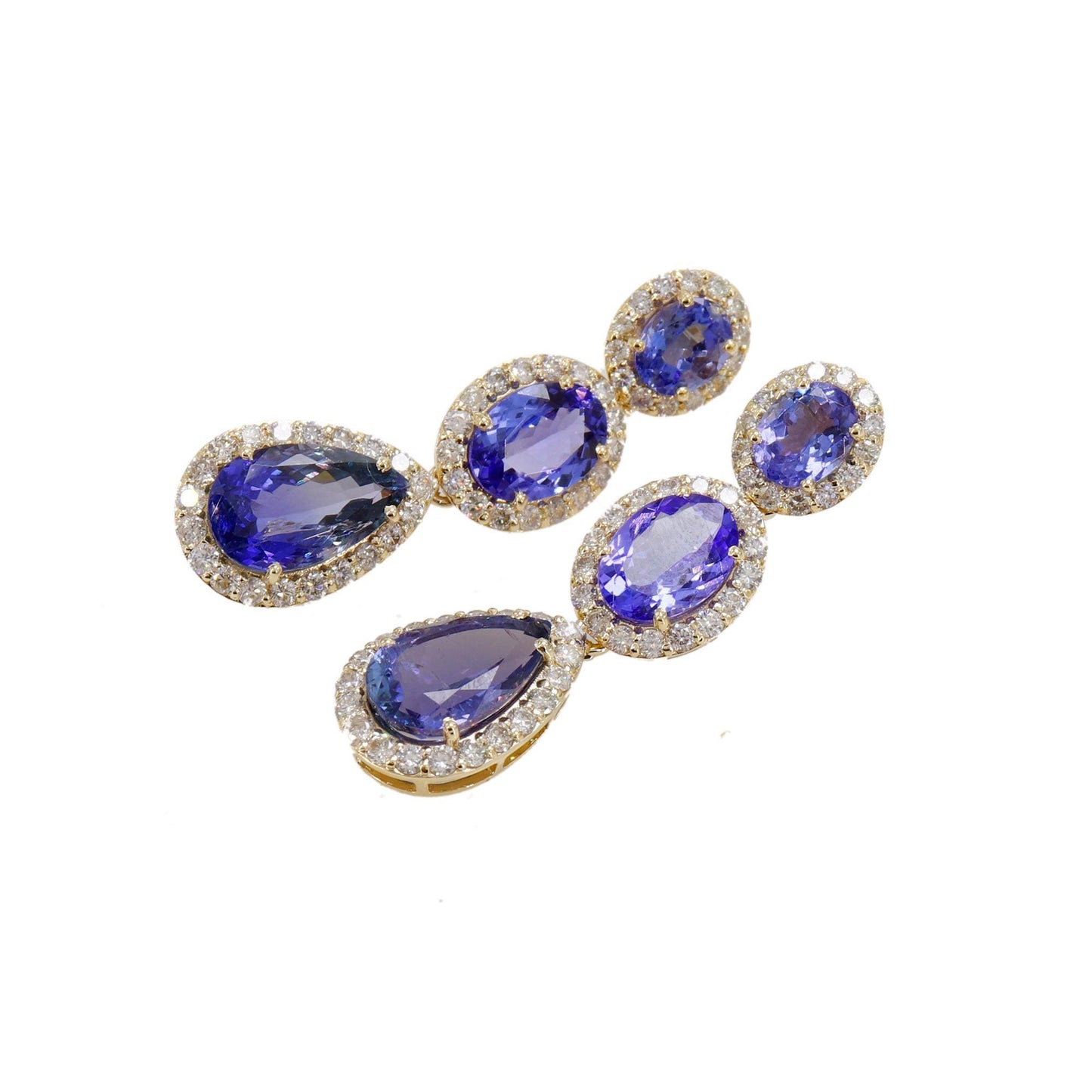 Three Stones Tanzanite & Halo Stud Earring 14K Gold