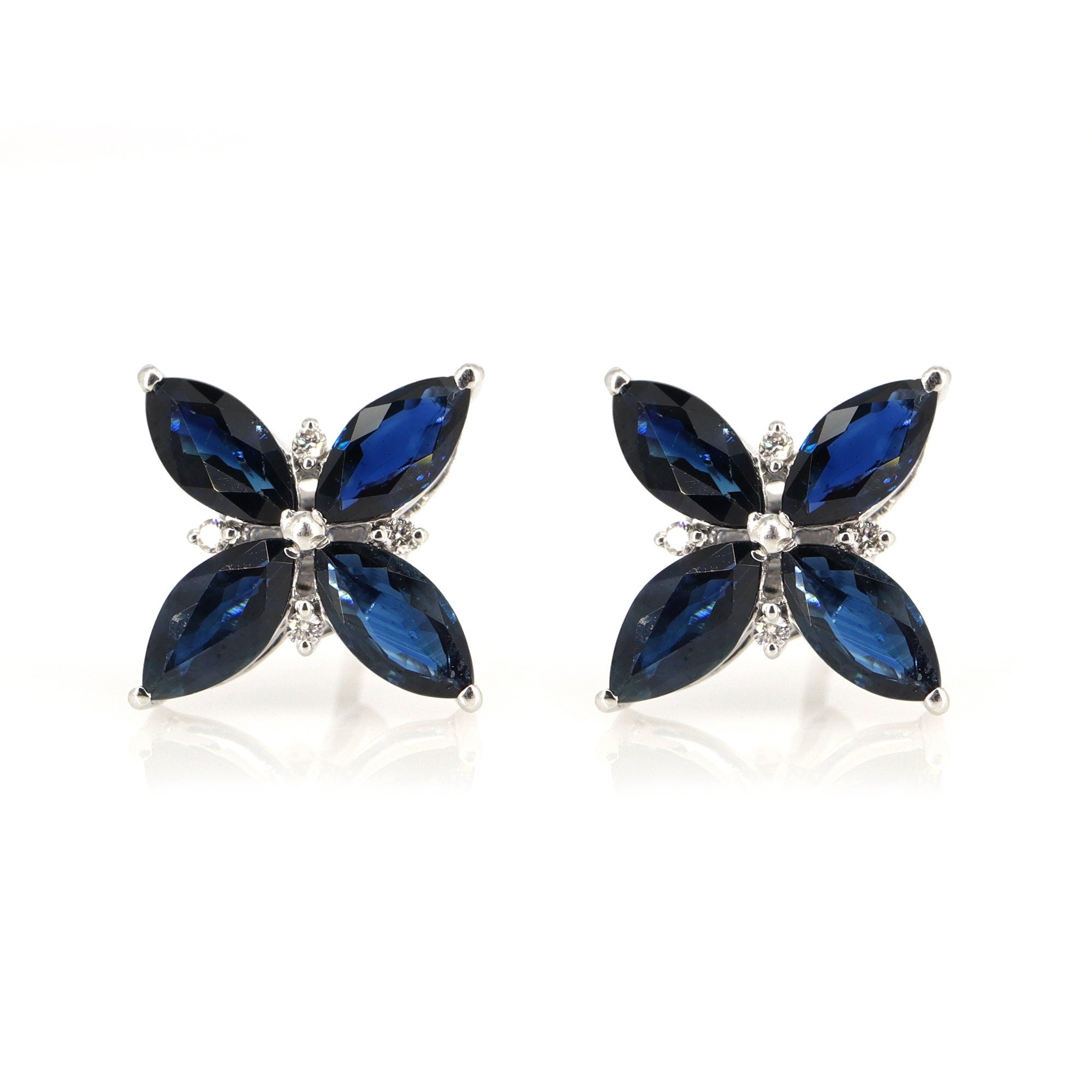 White Sapphire Studs Marquise Cut Blue Sapphire September Earring 14K Gold