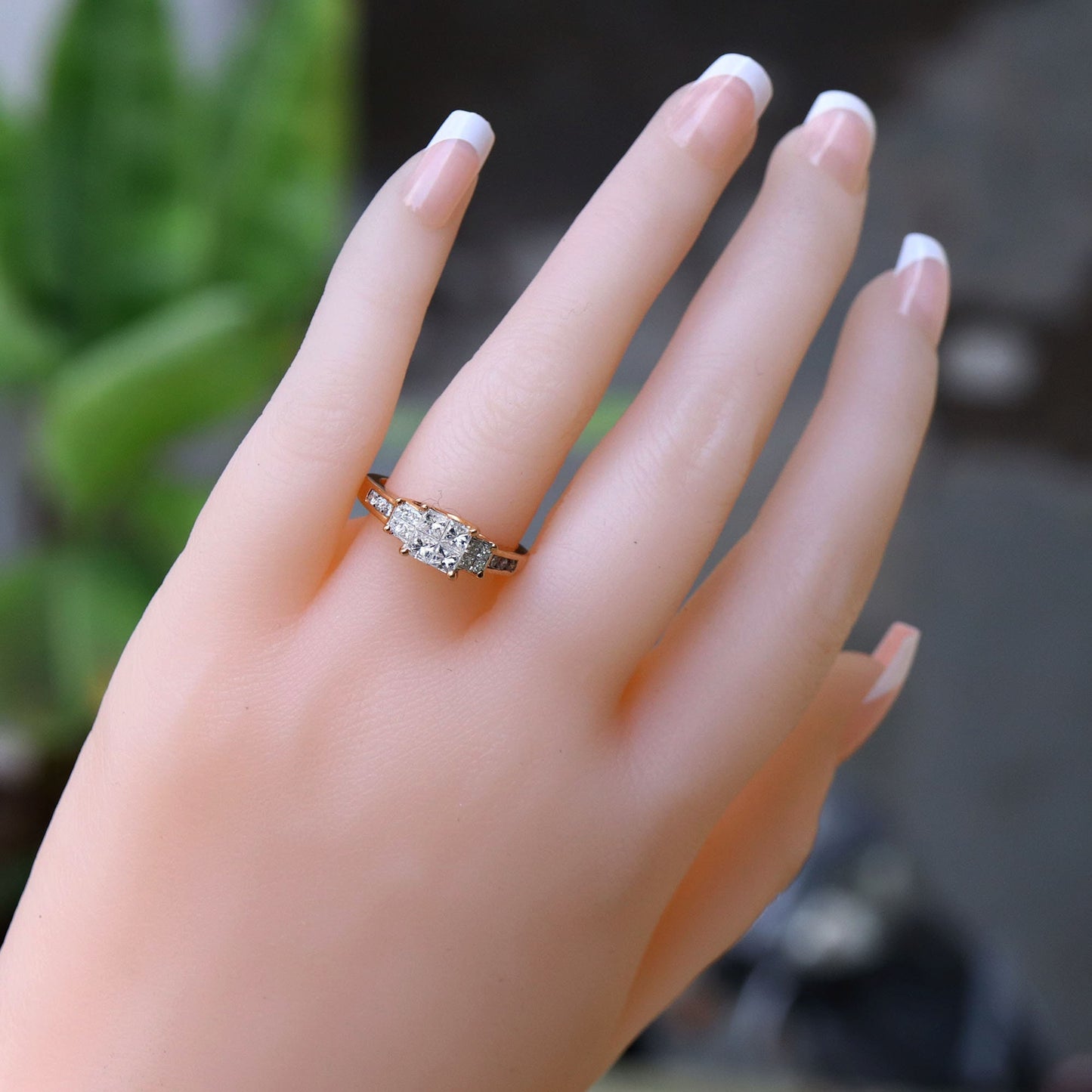 Estate Rose 0.96 Princess Cut Invisible Illusion Round Cut Channel 3 Stones Ring 18K Gold