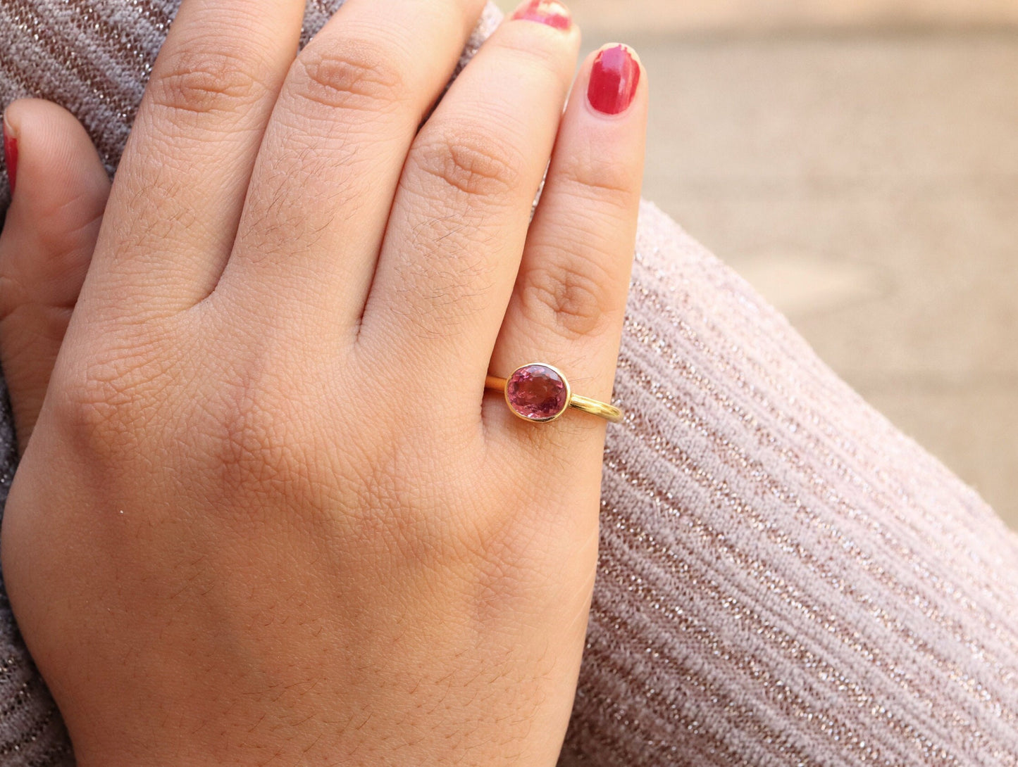 Pink Tourmaline Stacking Ring 18K Gold