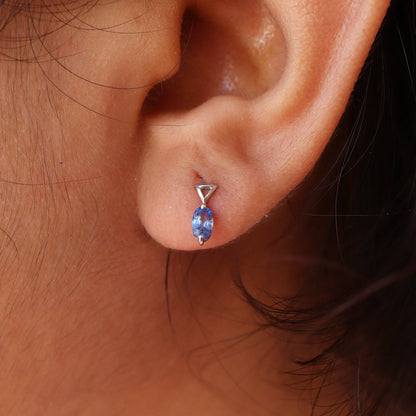 9Mm Tiny White Studded Blue Sapphire Earring 14K Gold