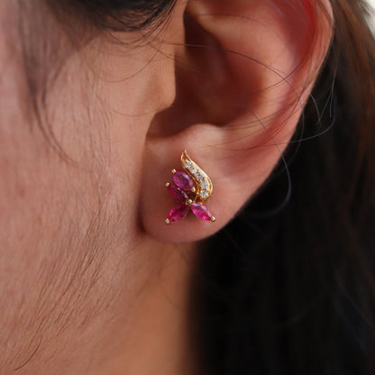 Flower Design Ruby Earring 14K Gold