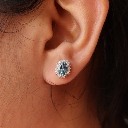 Cluster Studs White Studded Aquamarine Earring 14K Gold