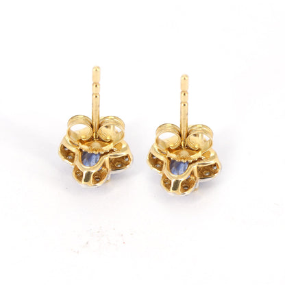 Yellow Studded Oval Cut Blue Sapphire Studs Round Earring 14K Gold
