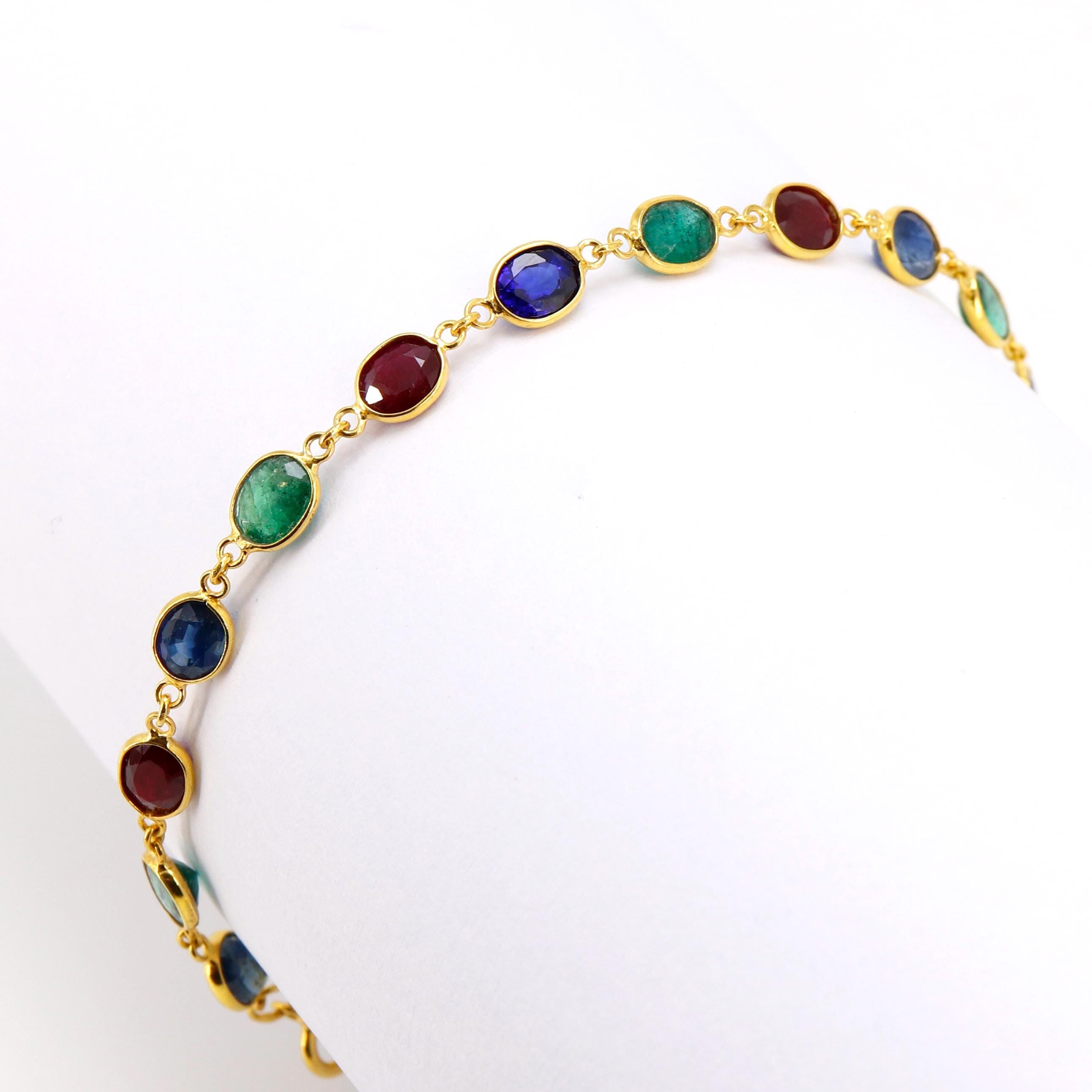 Blue Sapphire Emerald Ruby Gemstone Bezel Setting Bracelet 14K Gold