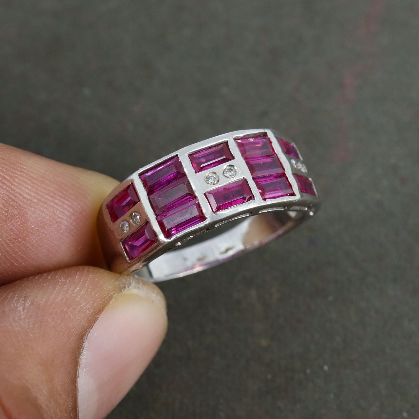 Baguette Cut Ruby Gemstone Ring Silver