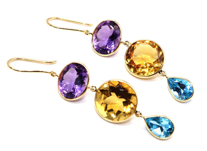 Yellow Handmade Citrine Blue Topaz Amethyst Hanging Earring 18K Gold