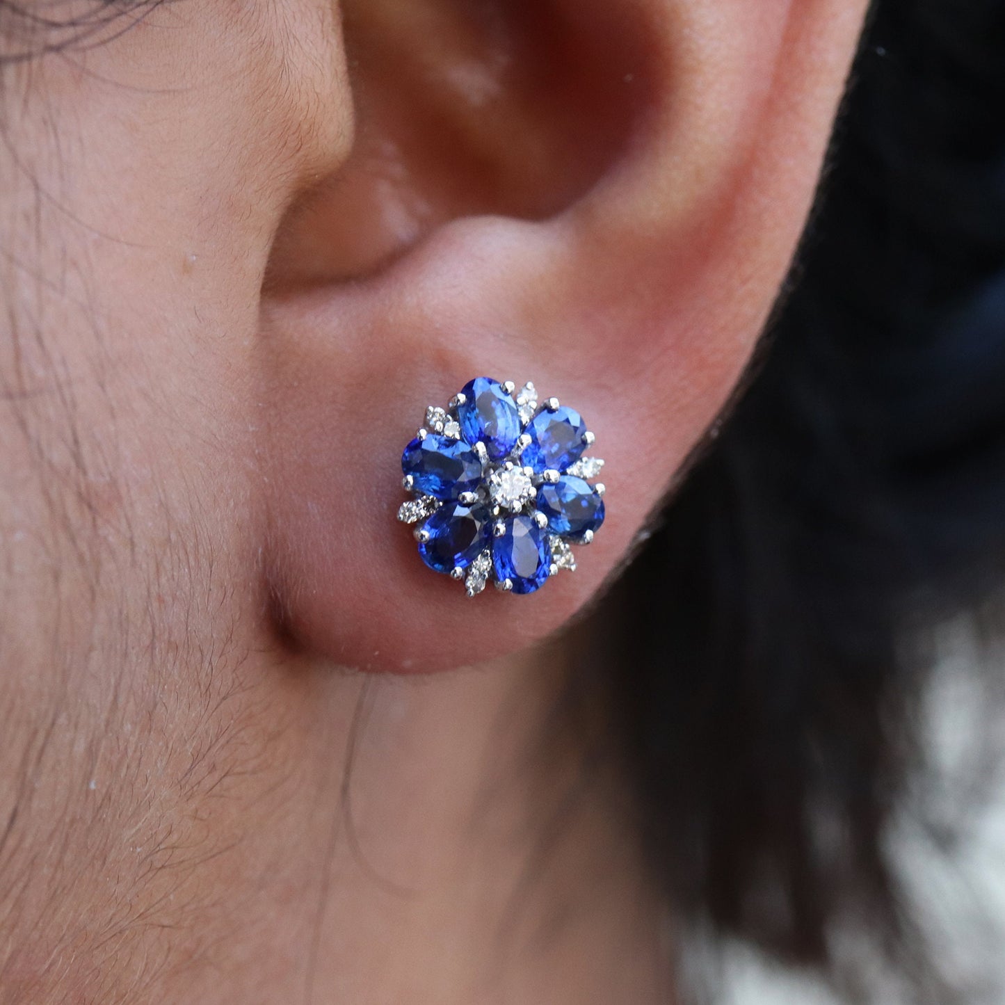 White Studded Blue Sapphire Earring 18K Gold