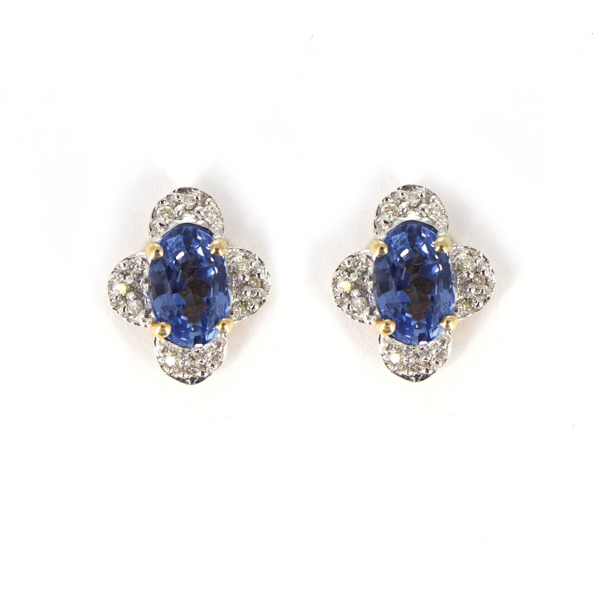 Yellow Studded Oval Cut Blue Sapphire Studs Round Earring 14K Gold