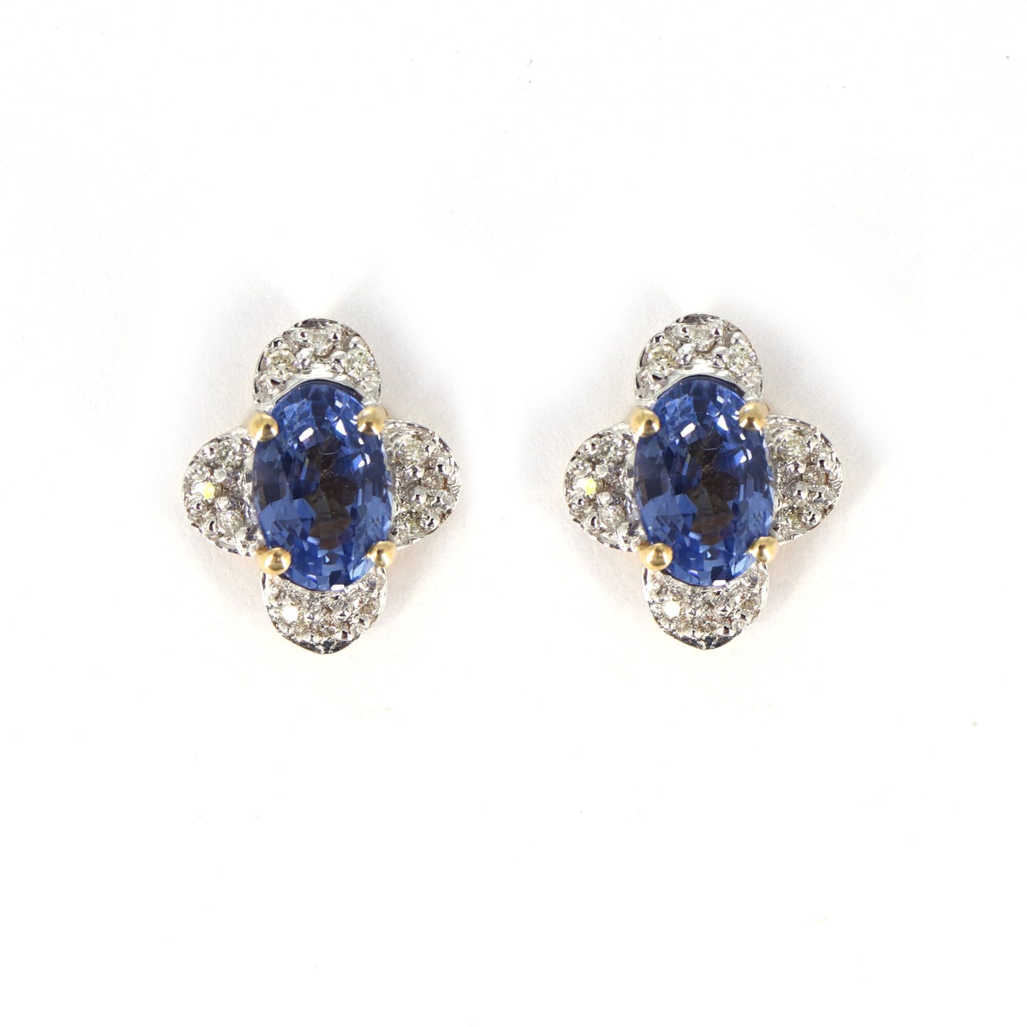 Yellow Studded Oval Cut Blue Sapphire Studs Round Earring 14K Gold