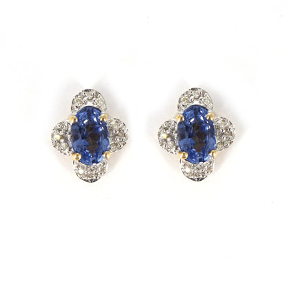 Yellow Studded Oval Cut Blue Sapphire Studs Round Earring 14K Gold