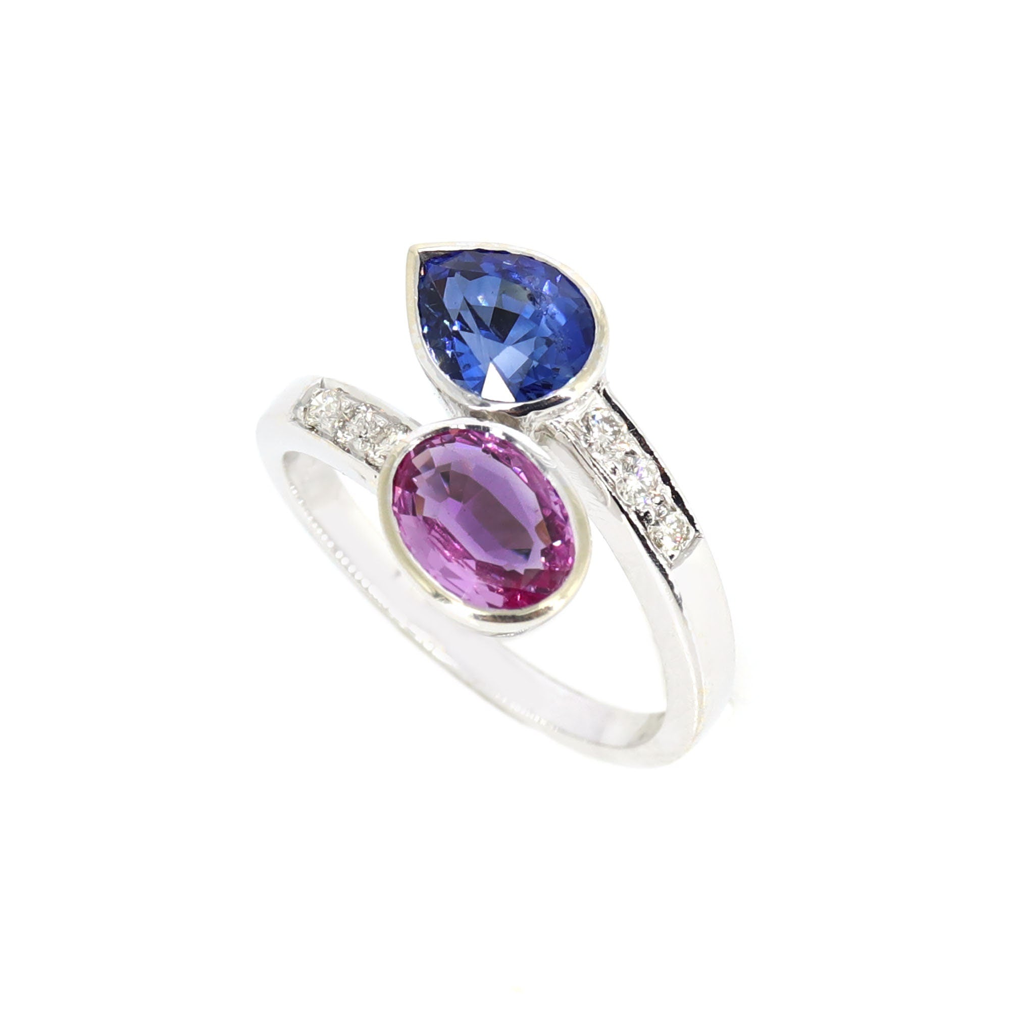 White Blue Pink Sapphire & Vintage Two Stone Bypass Ring 18K Gold