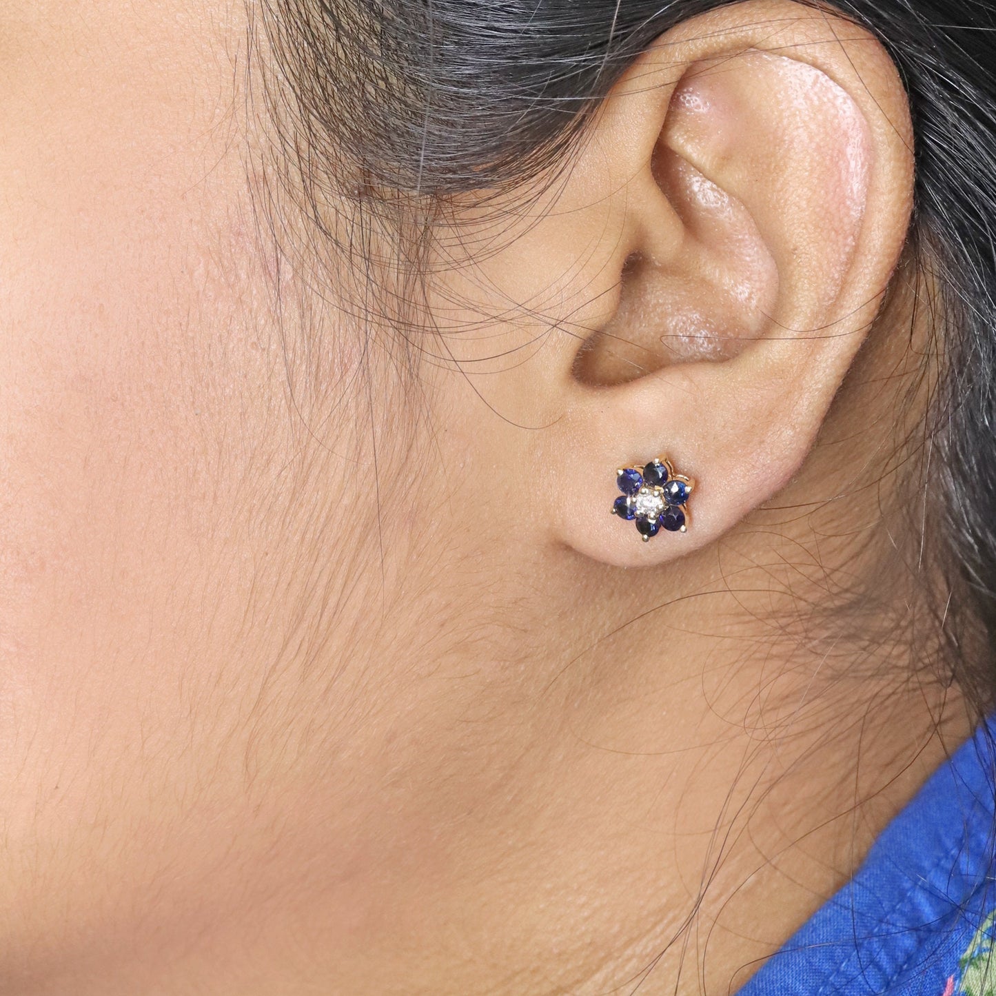 Genuine Blue Sapphire Gemstone Stud Earring 14K Gold
