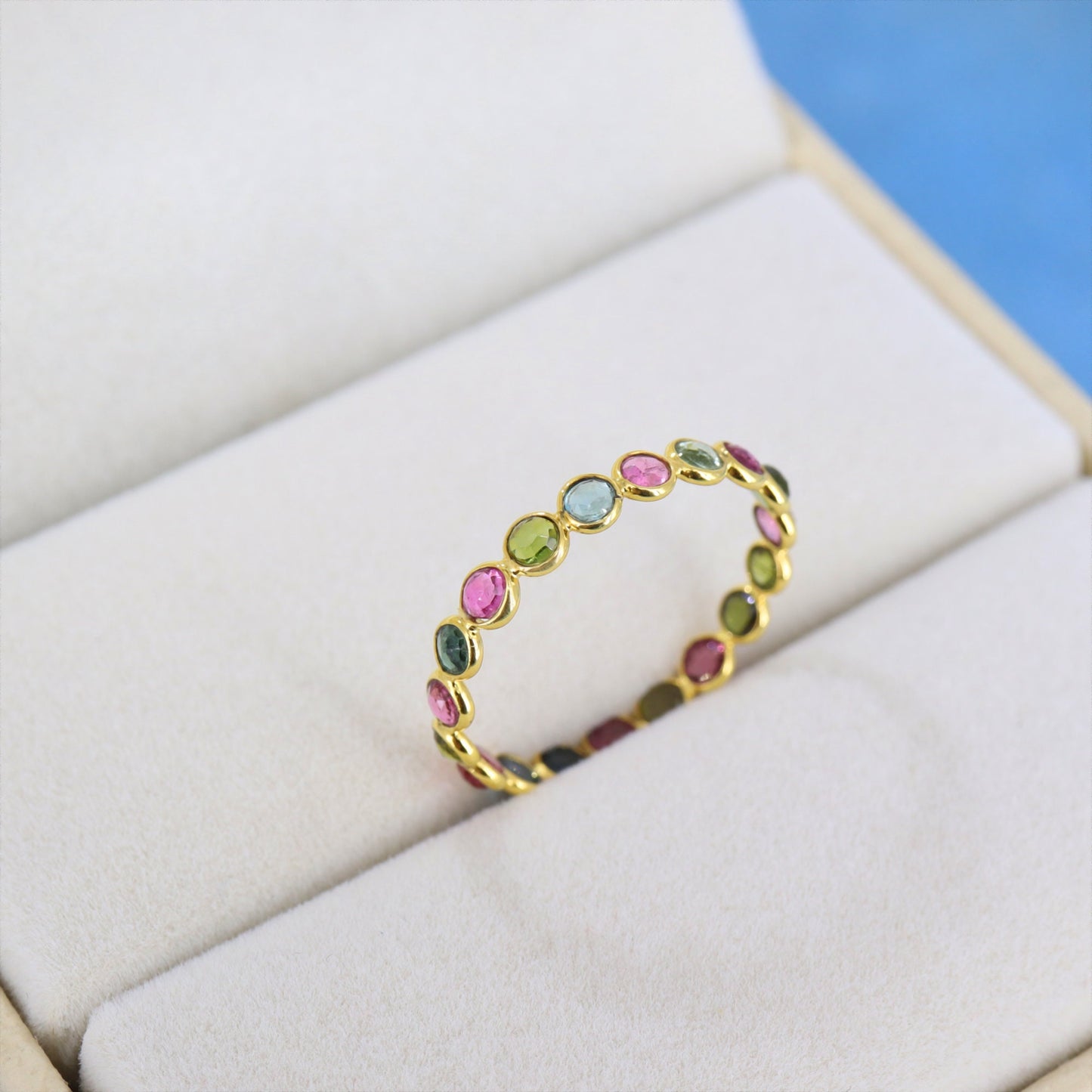 Genuine Multi Tourmaline Gemstone Eternity Band Ring 18K Gold