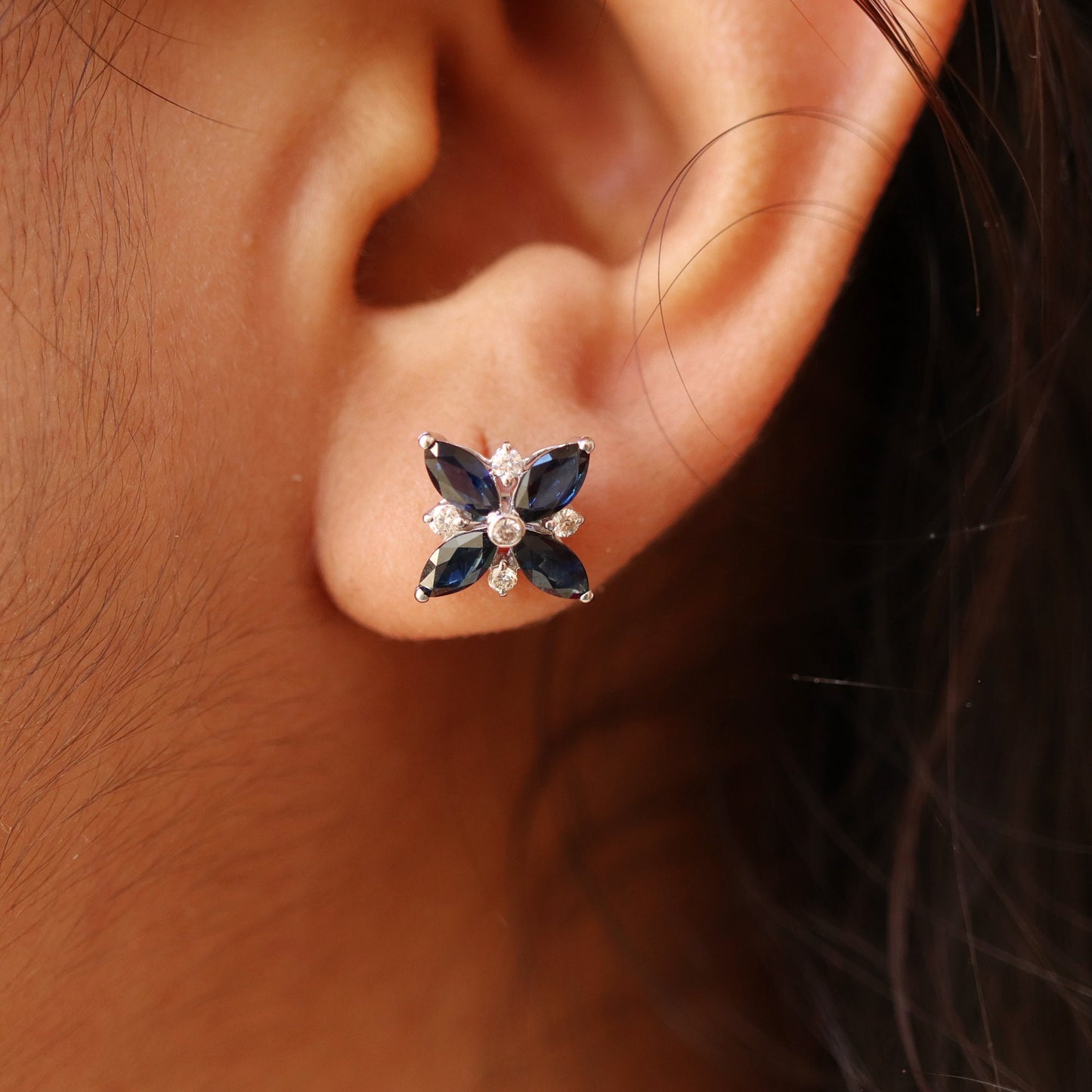 White Ear Studs Blue Sapphire Blue Sapphire Earring 14K Gold