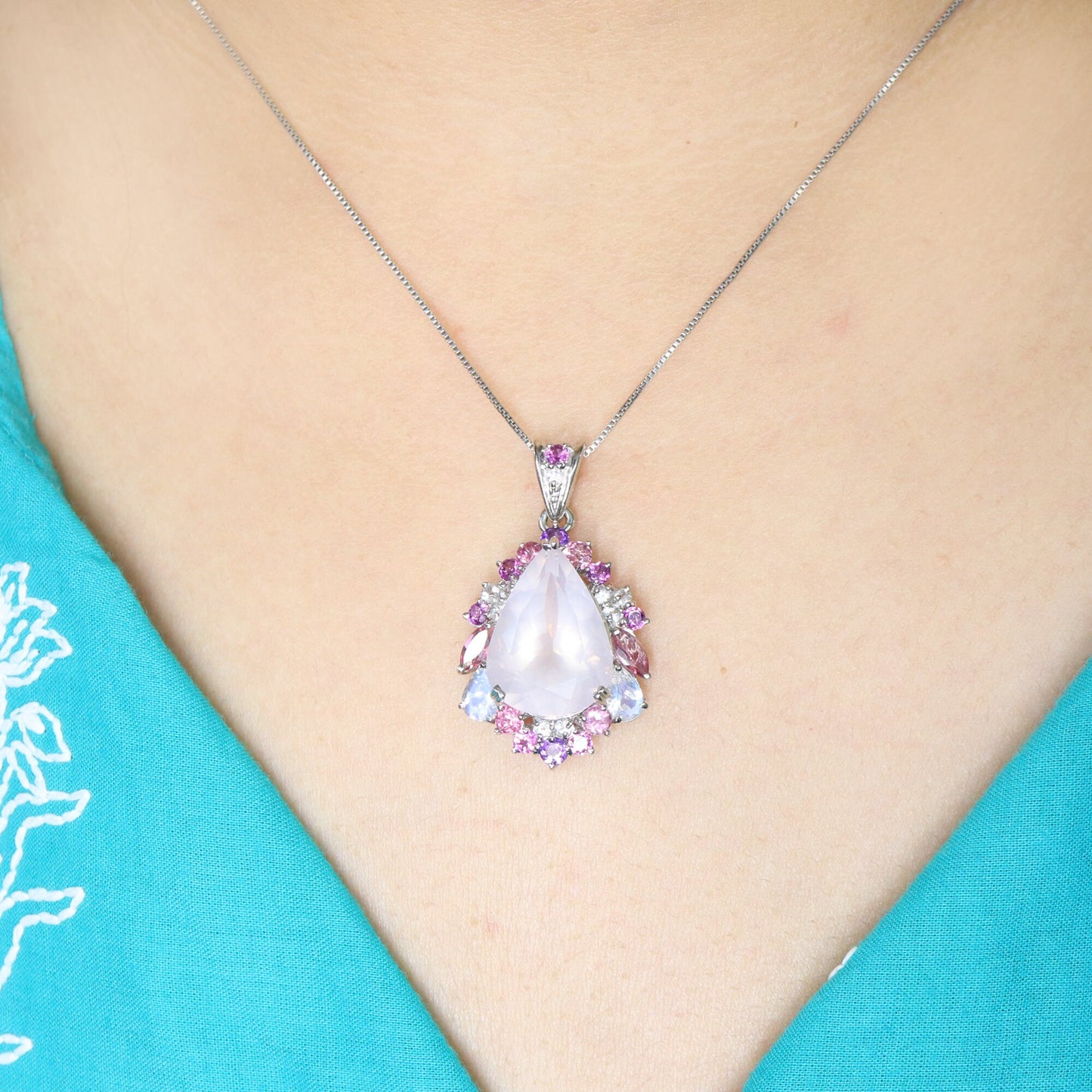 White Rose Quartz Multi Color Tourmaline Pendant 18K Gold
