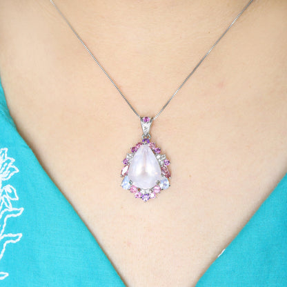 White Rose Quartz Multi Color Tourmaline Pendant 18K Gold