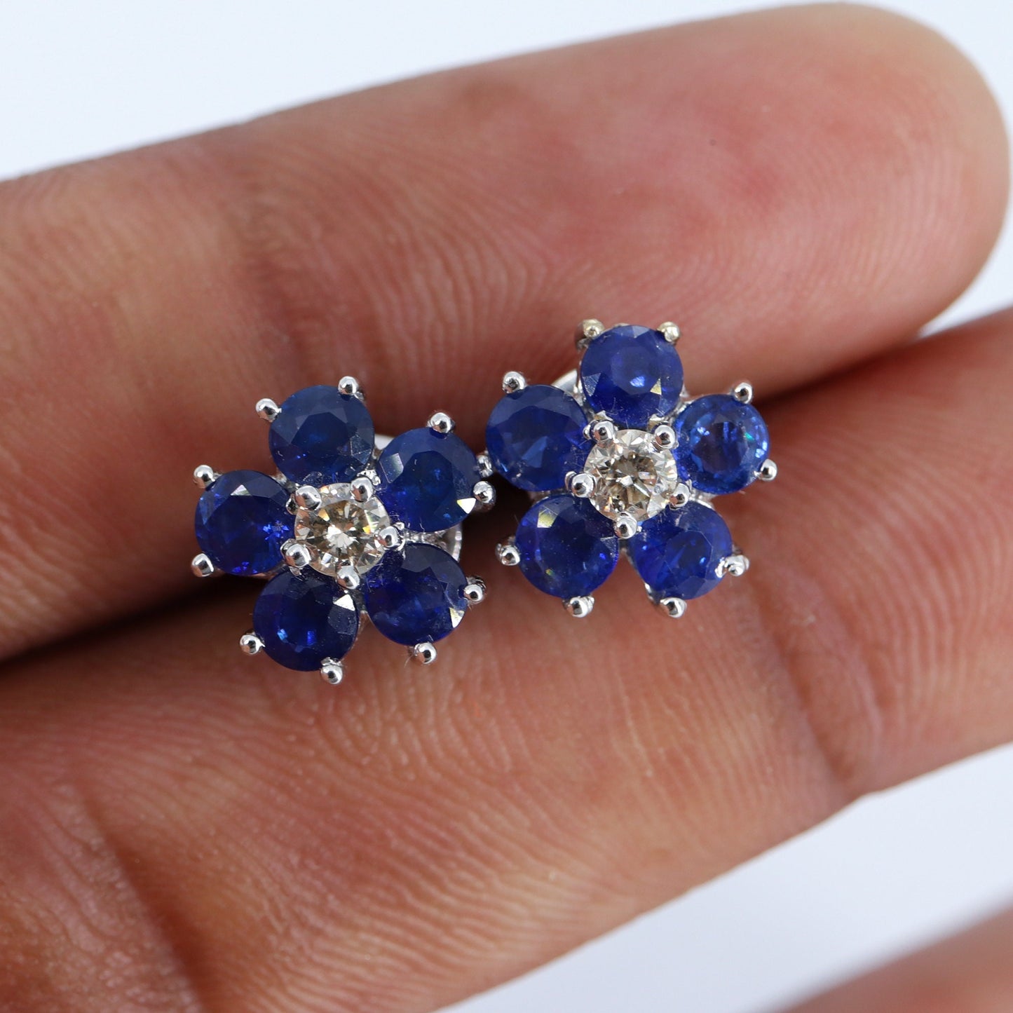 11Mm White Studded Blue Sapphire Earring 14K Gold