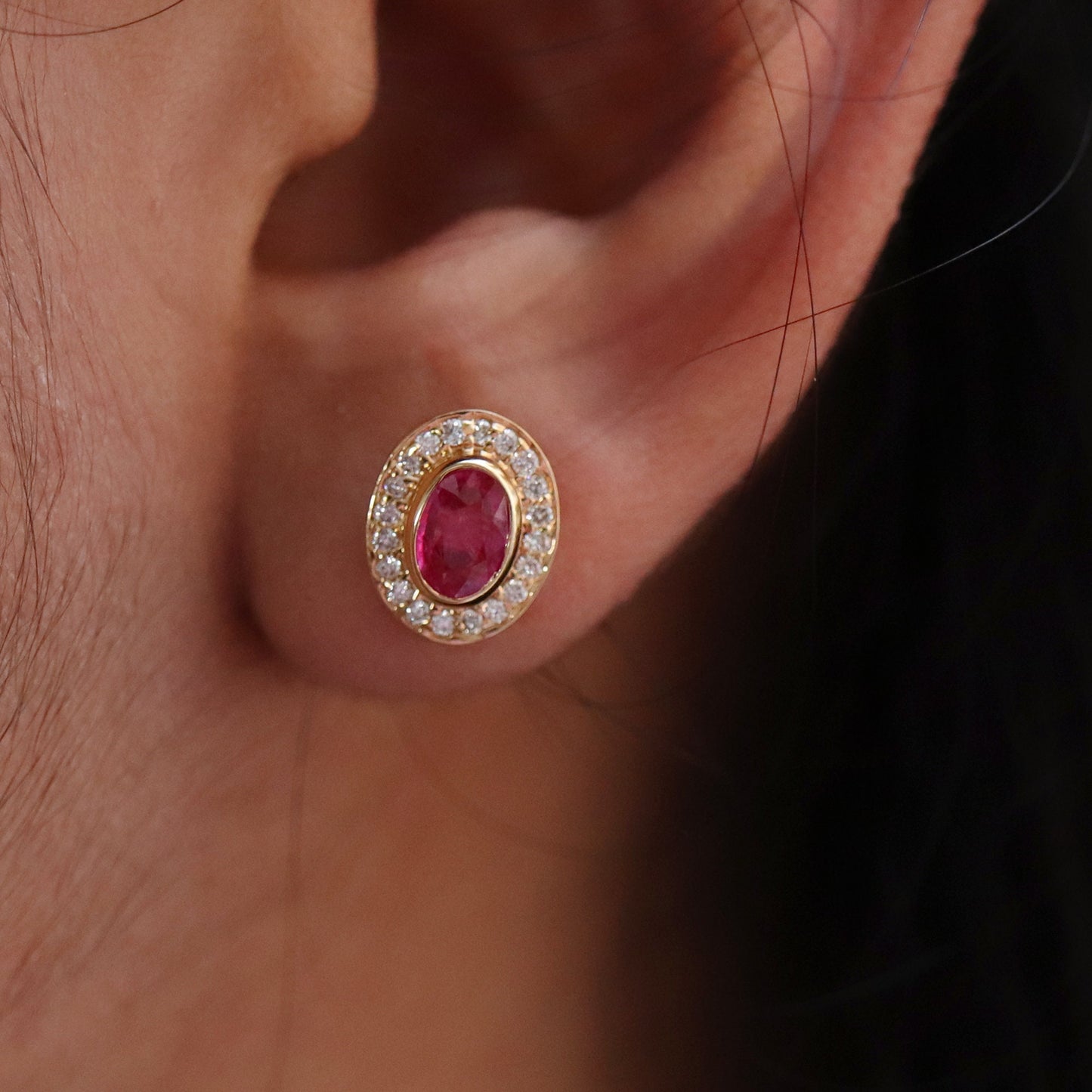 Yellow Genuine Ruby Accent Tiny Shaped Ear Stud Earlobe Studs Piercing Earring 18K Gold