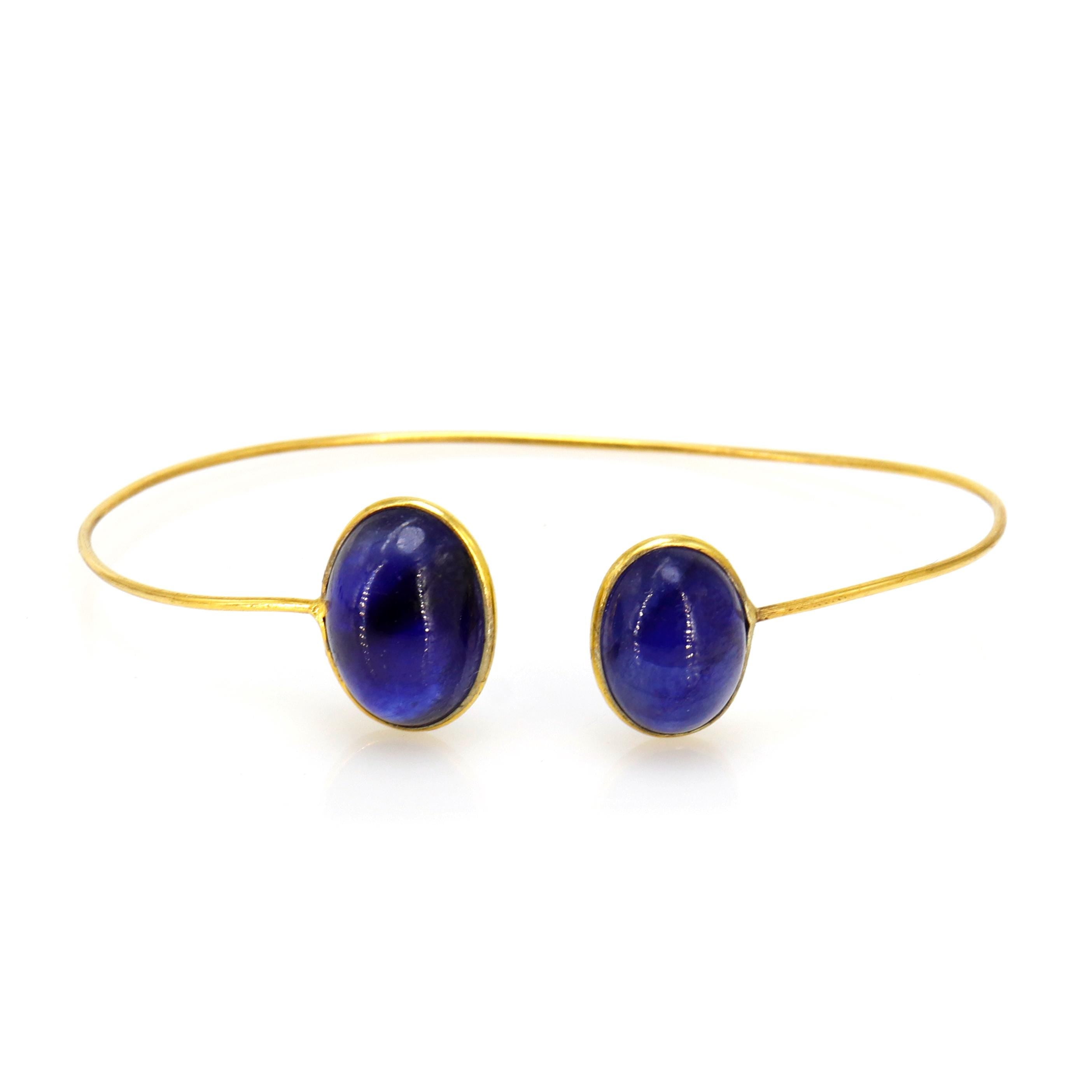 Open Cuff Bangle Flexible Bangle Blue Sapphire Setted Yellow /Anniversary / Oval & Pear Shape 14K Gold